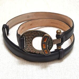 Dark Brown Leather Hammered Brass Toggle Buckle Adjustable Belt Size M/L